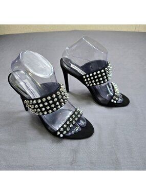 Steve Madden 7.5 Womens High Heel Studded Strap Black Sandals Synthetic Upper